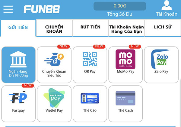 Gửi tiền vào Fun88